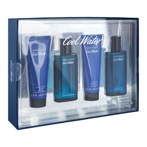 Davidoff Cool Water Gift Set, Eau De Toilette Spray+After Shave Balm+Shower Gel+After Shave, For Men, 4 X 75ml