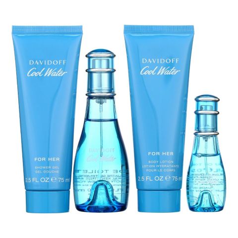 Davidoff Cool Water Gift Set: Eau de Toilette 50ml & 15ml+Shower Gel 75ml+Body Lotion 75ml, For Women, 4-Pack