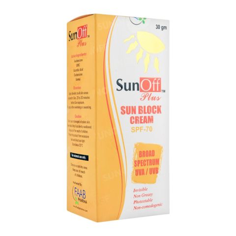 Sun Off Plus Sun Block Cream, SPF 70, Broad Spectrum UAV/UVB, 30g