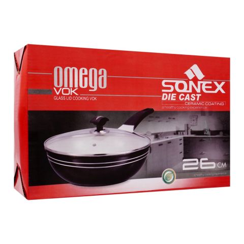 Sonex Omega Die Cast Wok, With Glass Lid, 26cm, 52278