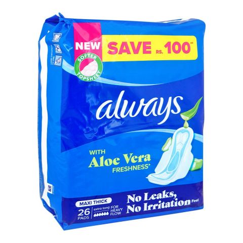 Always Aloe Vera Freshness Maxi Thick Extra Long Pads, 26-Pack, Save Rs.100/-