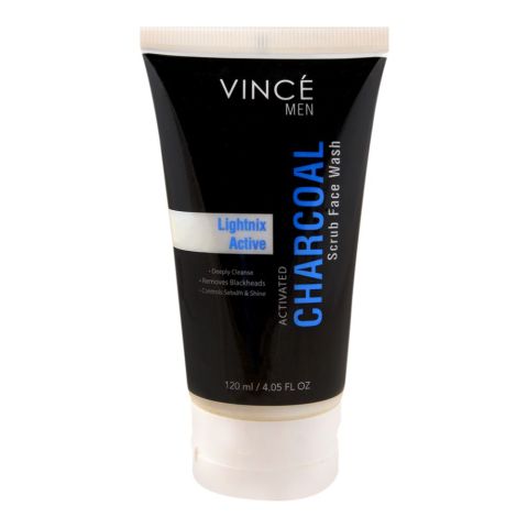 Vince Men Activated Charcoal Lightnix Active Scrub Face Wash, Paraben Free, Removes Blackheads, 120ml