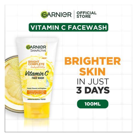 Garnier Skin Active Bright Complete Vitamin C Face Wash, 100ml - Cleanse, Remove Impurities, And Brightens Your Skin