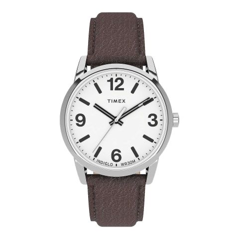 Timex Men's Chrome Round Dial With White Background & Textured Brown Strap Analog Watch, TW2U71600