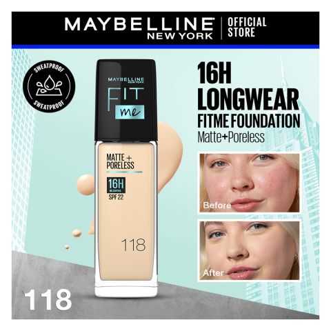 Maybelline New York Fit Me Matte + Poreless Foundation, 118 Light Beige, 30ml