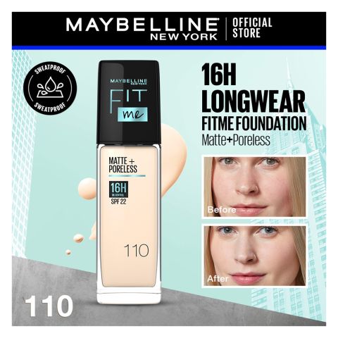 Maybelline New York Fit Me Matte + Poreless SPF 22 Foundation, 110 Porcelain, 30ml