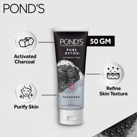 Pond's Pure Detox Anti-Pollution + Purity Face Wash with Activated Charcoal, 50g