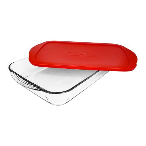 Borcam Square Tray With Red Plastic Lid, Ovenware, Glassware & Dishware, 15.74 X 9.84 Inches, 59024-46