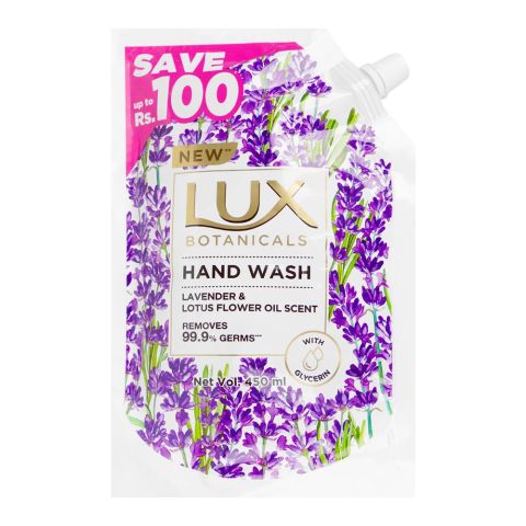 Lux Botanicals Lavender & Lotus Flower Oil Hand Wash, 450ml Refill Pouch, Save Rs.100/-