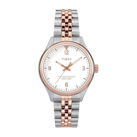 Timex Women's White Round Dial With Two Tone Bracelet Analog Watch, TW2T49200