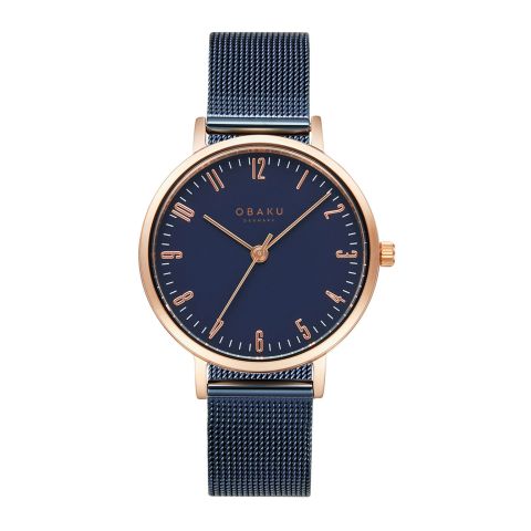 Obaku Women's Rose Gold Round Dial With Navy Blue Background & Bracelet Analog Watch, V248LXVLML