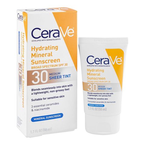 CeraVe Hydrating Mineral Sunscreen Broad Spectrum SPF-30 Face Sheer Tint, Suitable For Sensitive Skin, 50ml