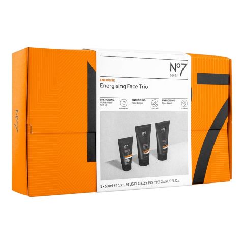 Boots No 7 Men Energising Face Trio Set, Moisturiser SPF15 + Face Scrub + Face Wash