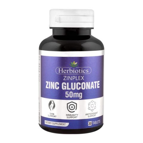 Herbiotics ZinPlex Zinc Gluconate, Skin, Immunity & Antioxidant Support, 50mg Dietary Supplement, 30-Pack