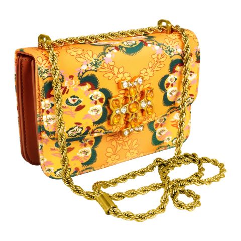 Clutch With Golden Chain, Floral Brown, TR908