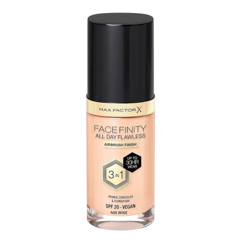 Max Factor Facefinity All Day Flawless Airbrush Finish 3-In-1 Foundation, N55 Beige, 30ml