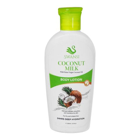 Swansi Extra Virgin Coconut Milk 24 Hours Deep Hydration Body Lotion, For Dry & Irritated Skin, 200ml