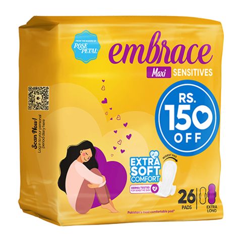 Embrace Sensitive Maxi Pads, Extra Long, Value Pack, 26-Pack, Rs.150/- Off