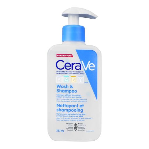 CeraVe Baby Wash & Shampoo with Ceramides & Vitamin E, Fragrance Free, Paraben Free, & Sulfate Free Shampoo for Tear-Free Baby Bath Time, 237ml