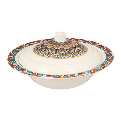 Sky Melamine Bowl With Lid, Ajrak Print, Cultural Design, Food Storage Solution