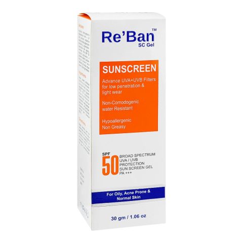 Re Ban Sunscreen Gel, SPF 50, UVA/UVB, Waterproof, Non-Comedogenic, For Oily Acne Prone & Normal Skin, 30g