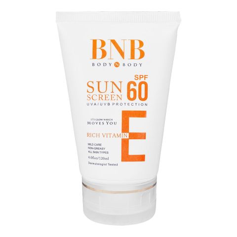 BNB Rich Vitamin E Sun Screen, SPF60, UVA/UVB Protection, For All Skin Types, 120ml