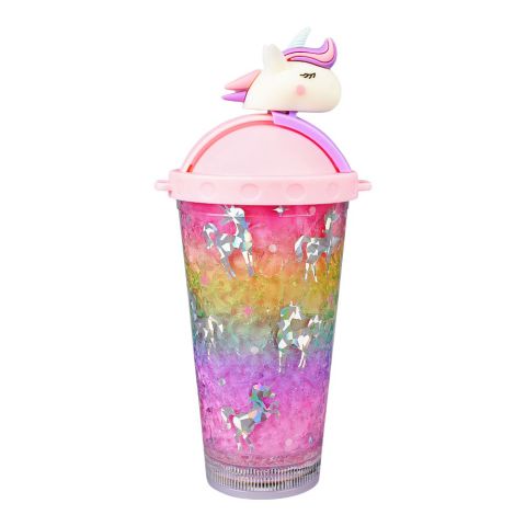 Unicorn Theme Plastic Tumbler Water Bottle With Straw & Strap, Travel Mug, Dark Pink, WBD9100