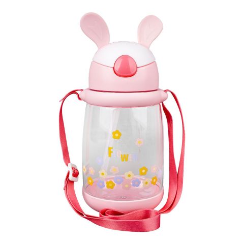 Rabbit & Floral Plastic Water Bottle With Strap, 600ml Capacity, Pink