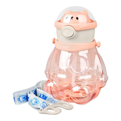 Bear Plastic Water Bottle With Strap, Pink