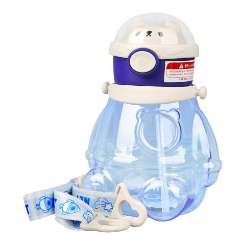 Bear Plastic Water Bottle With Strap, Blue