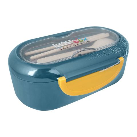 Plastic Lunch Box With 2 Compartments & Cutlery, 1000ml Capacity, Blue, Kh-002