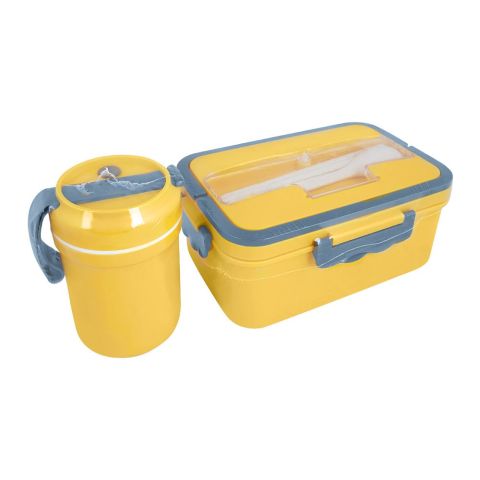 Plastic Lunch Box With 3 Compartments & Cutlery & 330ml Soup Cup, 1500ml Capacity, Yellow, Zb-6325