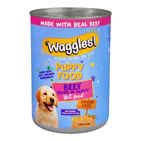 Waggles Puppy Food Beef Recipe In Gravy Wet Food, Premium Natural Dog Food, 400g