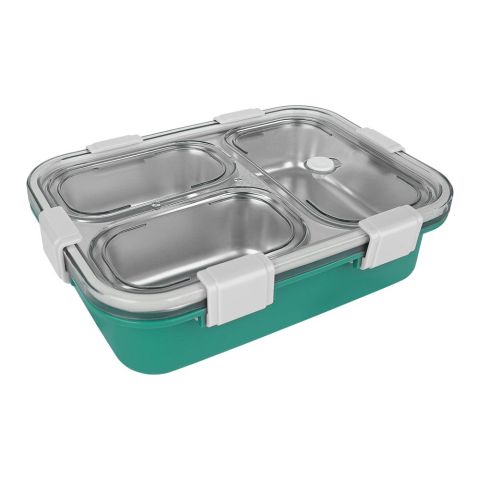 Stainless Steel Lunch Box With Cutlery, Three Compartments, 750ml, 19cm (H) x 12.5cm (W) x 5.5cm (D), Green