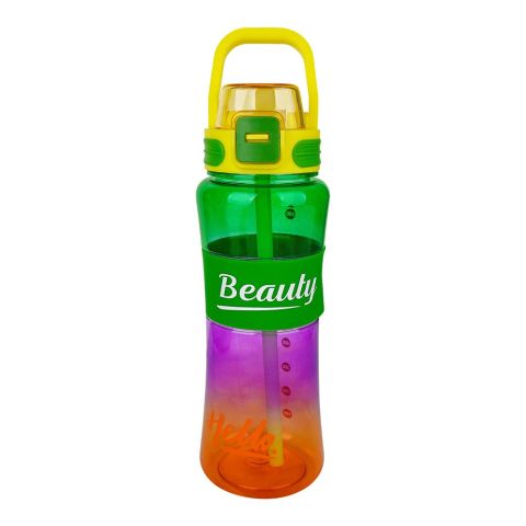 Trendy Hello Beauty Plastic Water Bottle With Straw & Easy to Carry Handle, One Click Open, 19.5cm (H) x 7cm (W), Green