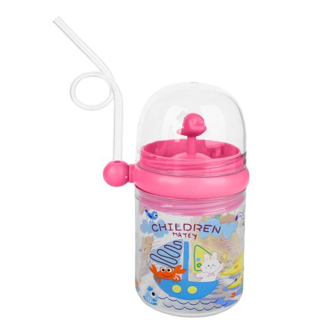 Children's Pot Plastic Water Flask With Fancy Straw For Kids, 250ml, 10cm (H) x 7.5cm (W), Pink