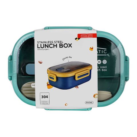 Homeatic Stainless Steel Lunch Box With Cutlery, 850ml, 17.5cm (H) x 9.5cm (W) x 6cm (D), Green, HMT-007