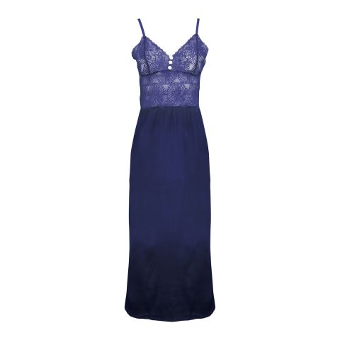 Flourish 2-Piece Satin Silk and Delicate Lace Nightdress With Nighty and Ankle-Length Robe, Navy Blue, FLW-5984