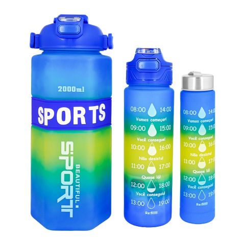 AJF Gradient Plastic Water Bottles 3 In 1 Set, 2000ml+700ml+260ml, Leak-Proof, BPA-Free, Assorted Colors, 3 In 1-Pack