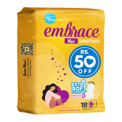 Embrace Maxi Sensitive Comfortable and Extra Soft Long & Widest Pads, Dermatologist-Tested, 18-Pack, Rs.50/- Off