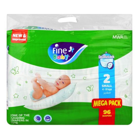 Fine Baby Diapers Mega Pack, No. 2 Small, 4-8 kgs, 96-Pack