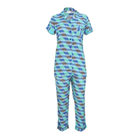 Basix Women's Half Sleeves Geometric Loungewear, 2-Piece Set, Royal Blue & Green, LW-631