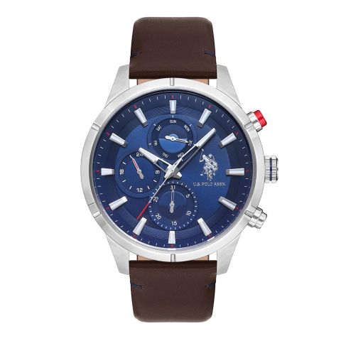 U.S. Polo Assn. Men's Leather Strap Round Dial Chronograph Wrist Watch, Blue, USPA1014-09