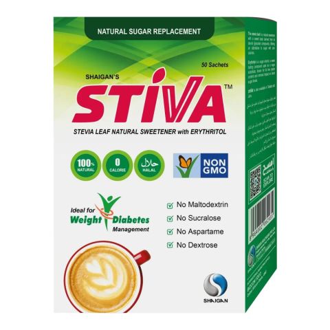 Shaigan Stiva Stevia Leaf Sweetener With Erythritol, Natural Sugar Replacement, Pack of 50 Sachets