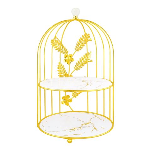 Bhoja 2-Tier Bird Cage Serving Tray, Decorative Dessert Stand for High Tea & Parties, White & Golden Marble, JWG-020