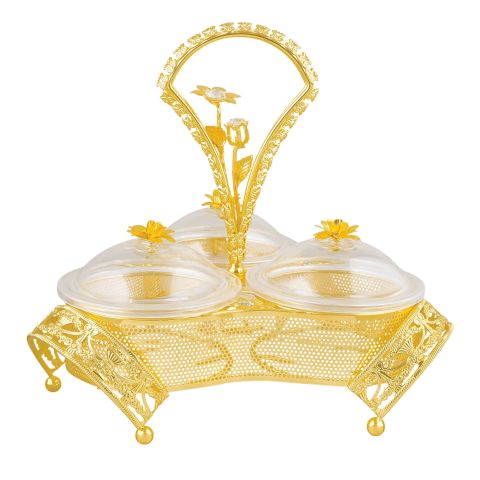 Alpen Berg 3 Compartments Snack Serving Bowl Set with Stand, For Candy, Nuts, Dips & More, Orchid Gold, TA2681