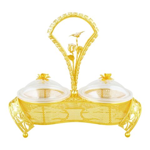 Alpen Berg 2 Compartments Snack Serving Bowl Set with Stand, For Candy, Nuts, Dips & More, Orchid Gold, TA2679