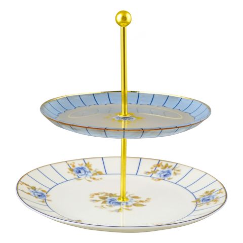 Angela 2-Tier Floral Round Cake Serving Stand, Ideal For Cupcakes, Pastries, Donuts & Desserts, Blue, MK189