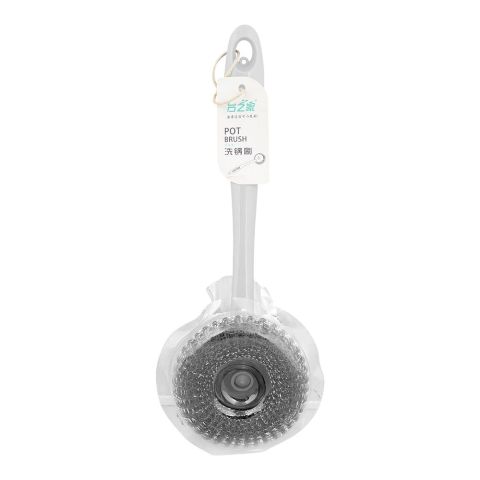 Steel Wire Ball Dishwashing Brush With Plastic Handle, White
