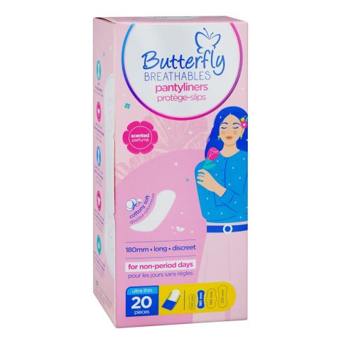 Butterfly Breathables Ultra Thin Cottony Soft Scented Panty Liners, Long, 20-Pack